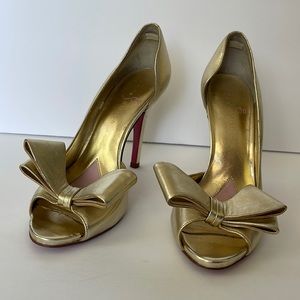 Metallic Gold Bow Open Toe Heels 8.5